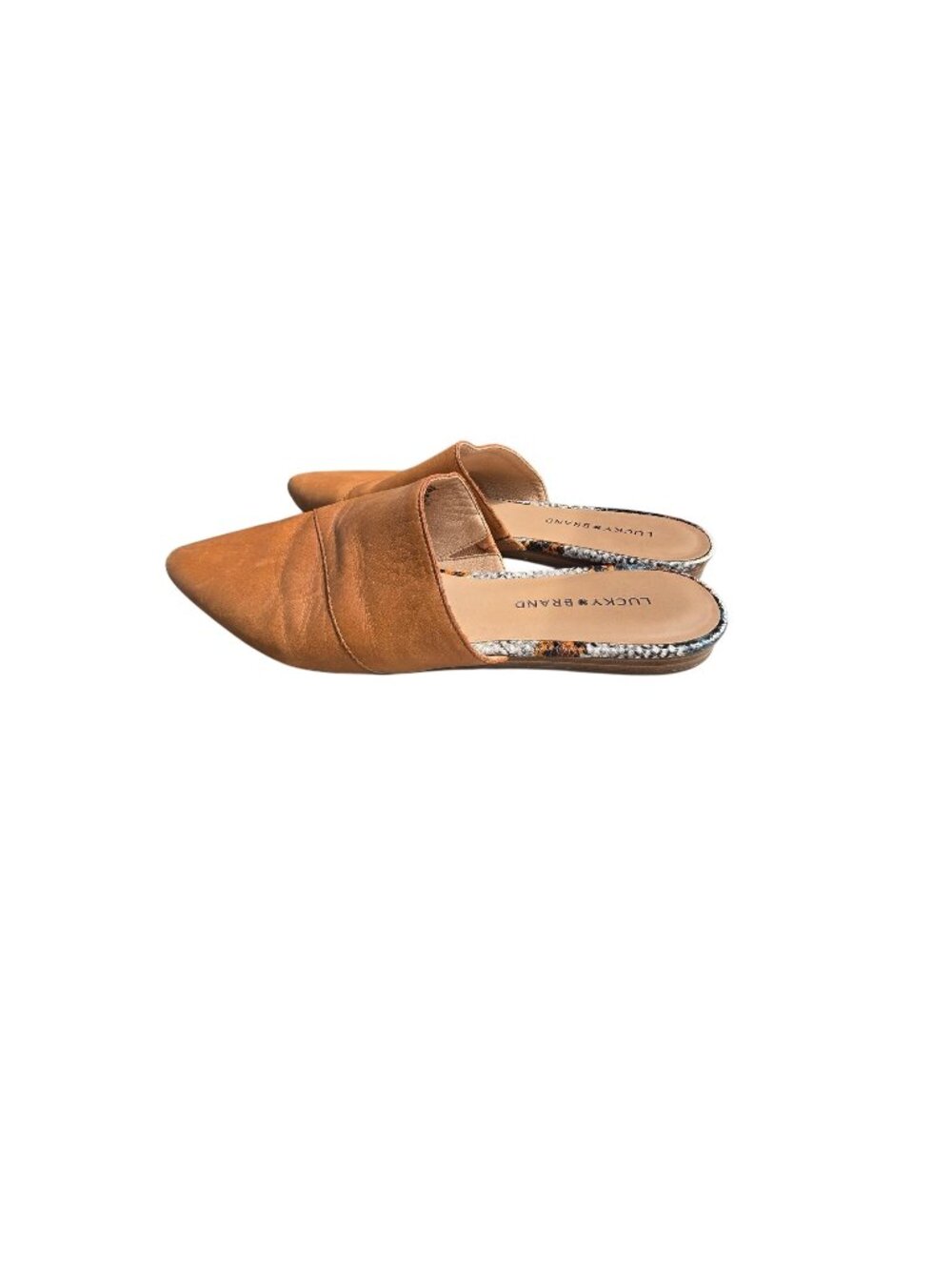 Lucky Brand Tan Leather Pointed Toe Mules Snakeskin Trim Size 9.5